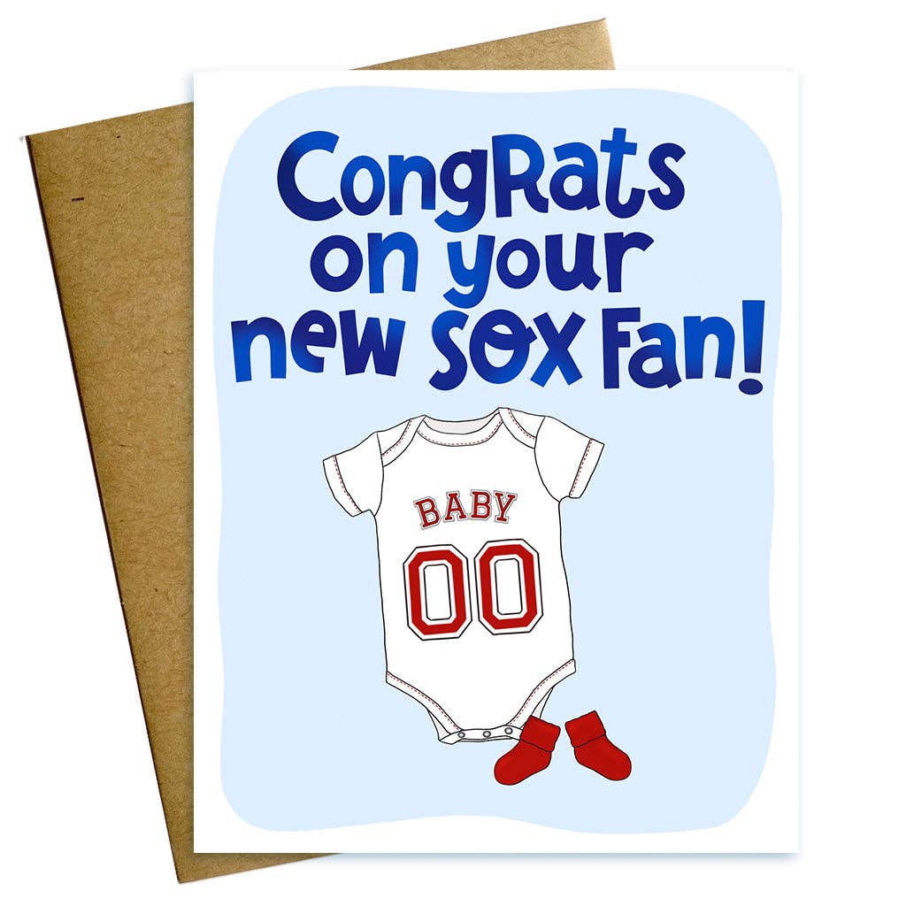 Greeting card with baby onesie illustration and text 'Congrats on your new SOX Fan!' on a light blue background. Available at Be Charmed