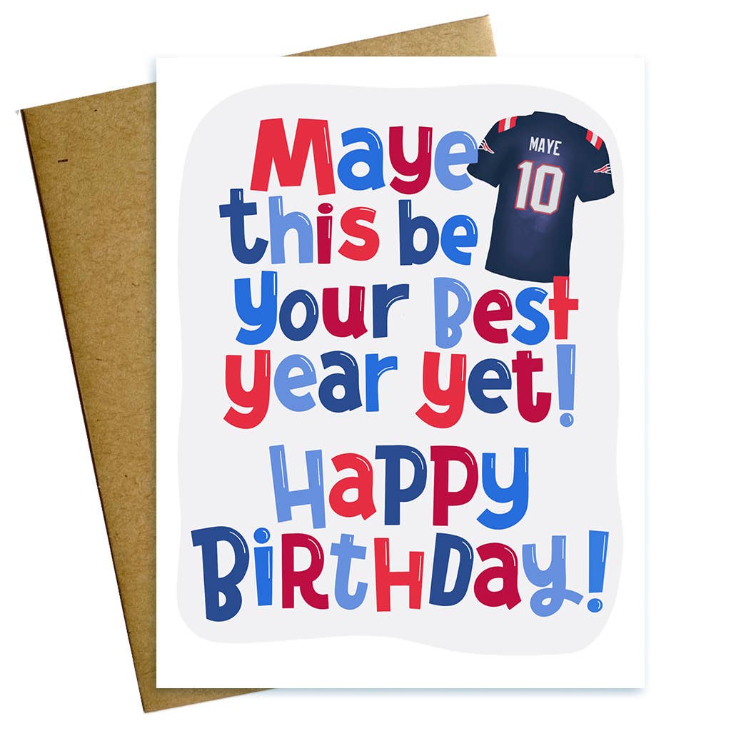 Birthday card with colorful text and a Patriots sports jersey design on a white background. Available at Be Charmed