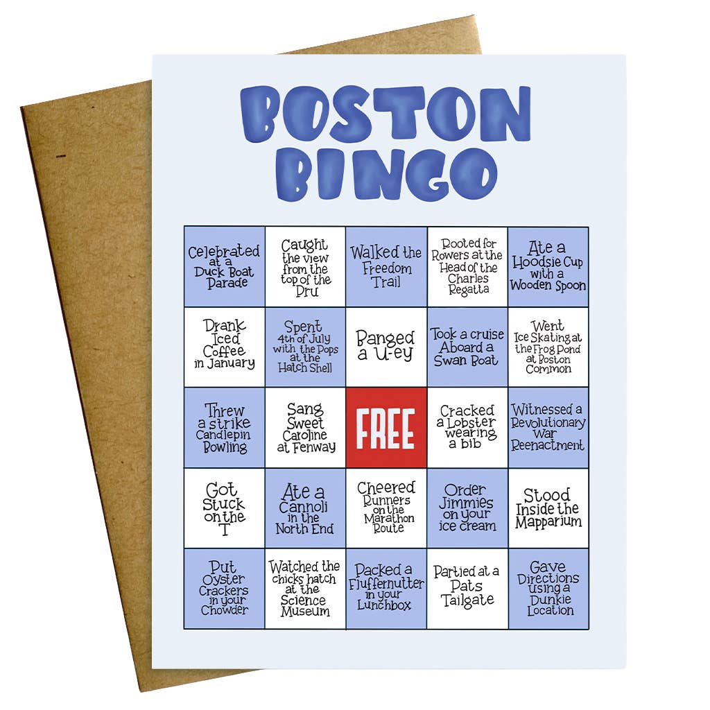 Boston Bingo card Greeting Card with blue and red text on a white background. Available at Be Charmed
