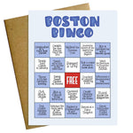 Boston Bingo card Greeting Card with blue and red text on a white background. Available at Be Charmed