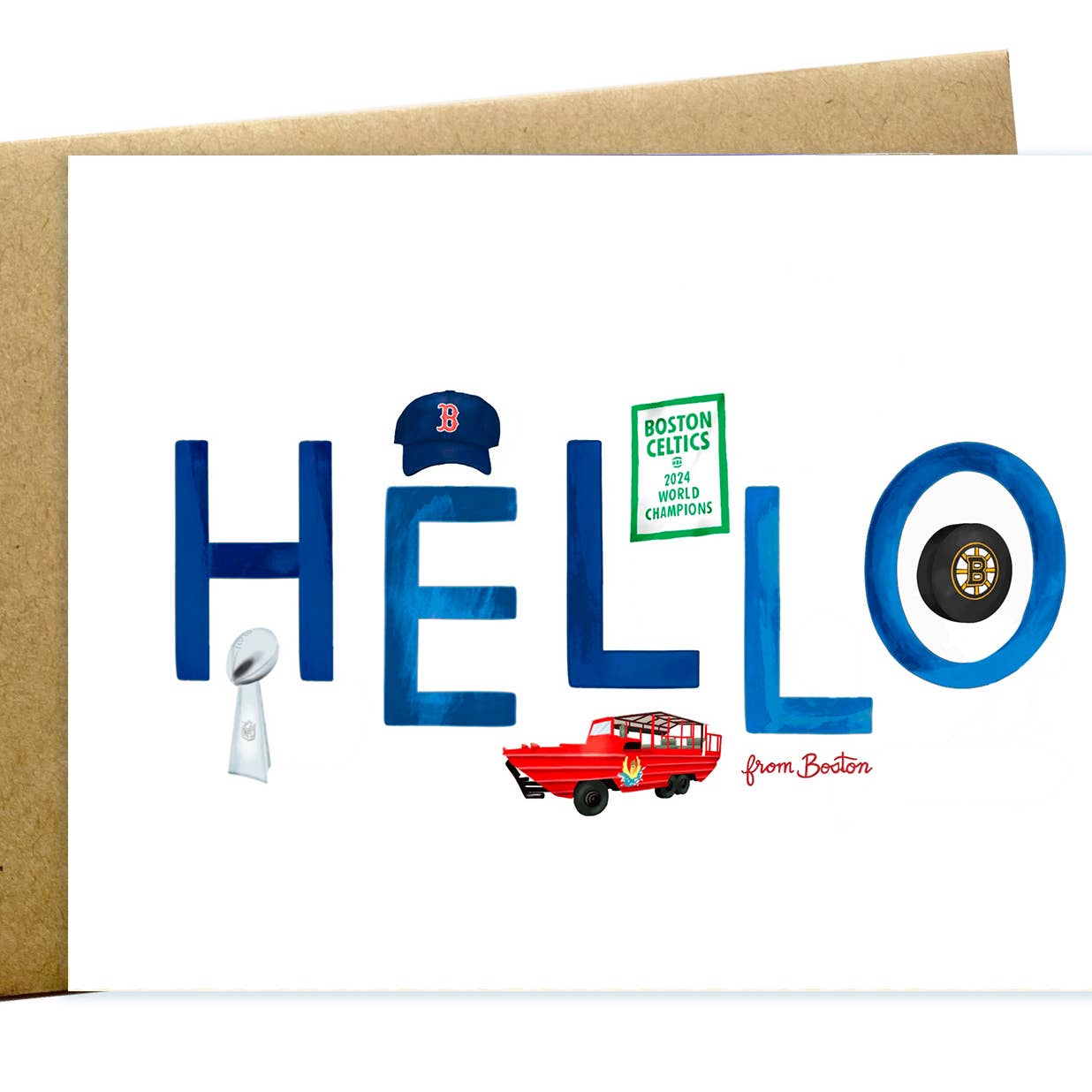Card with 'HELLO' text featuring Boston-themed graphics on a white background. Available at Be Charmed