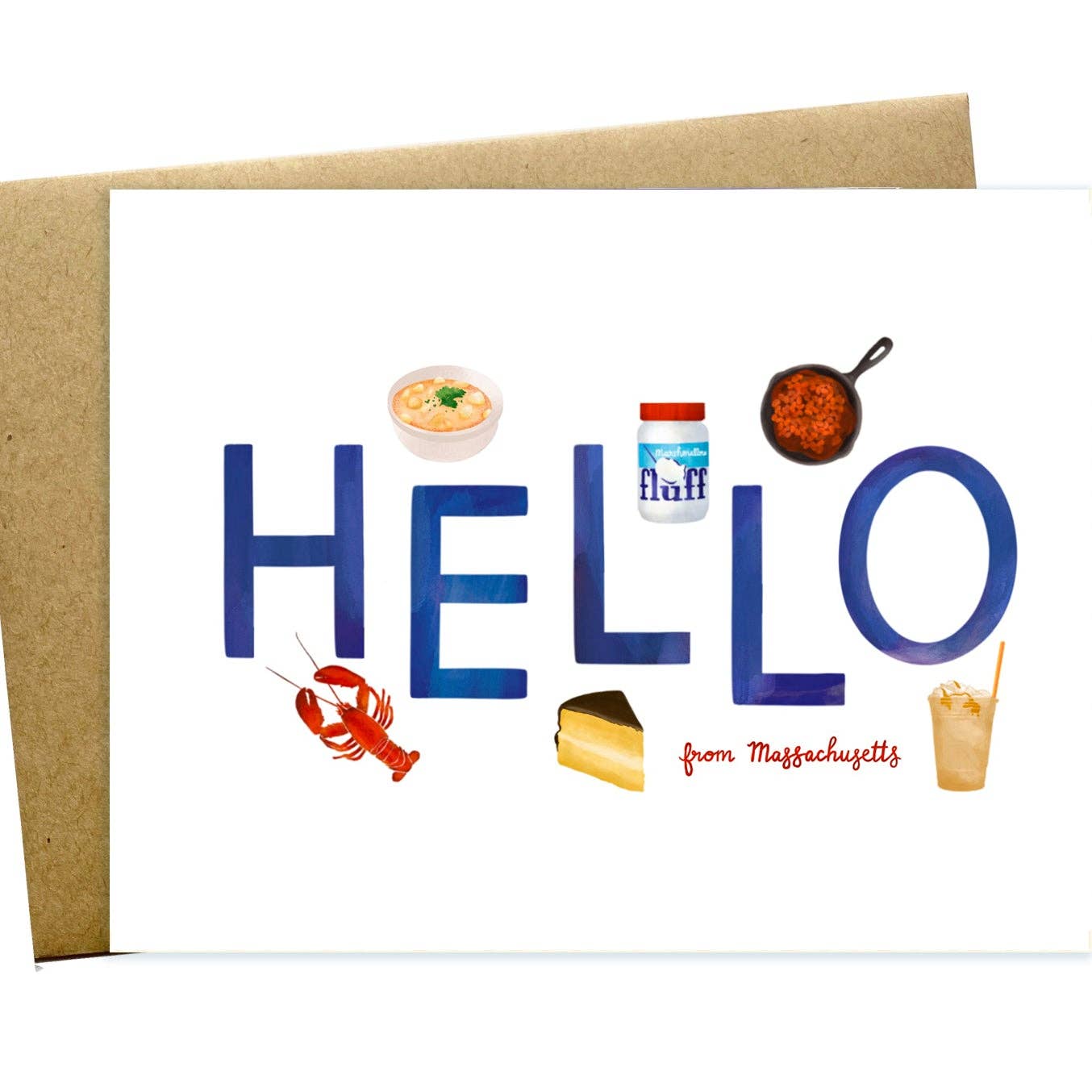 Greetings card with 'HELLO' and Massachusetts-themed illustrations on a white background. Available at Be Charmed