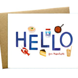 Greetings card with 'HELLO' and Massachusetts-themed illustrations on a white background. Available at Be Charmed