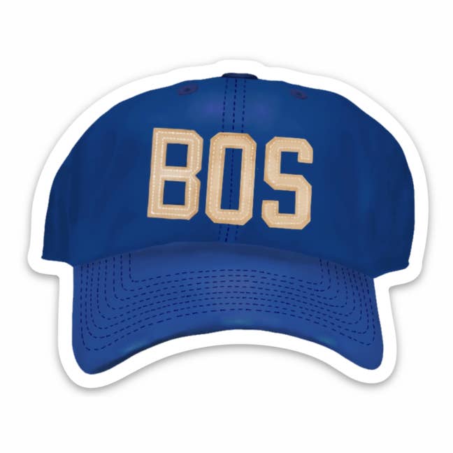 Blue cap with 'BOS' sticker against a white background. Available at Be Charmed