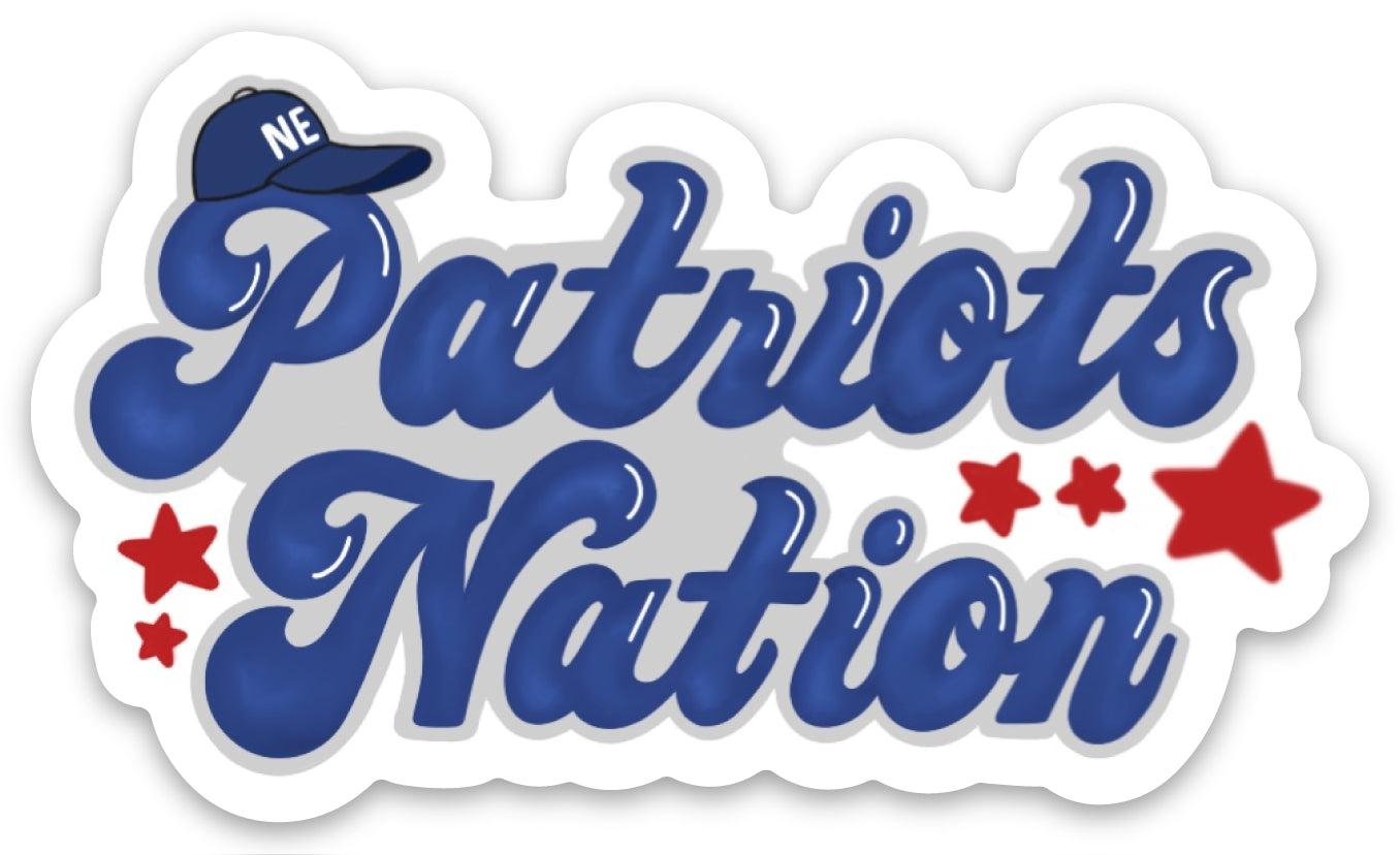 Sticker with 'Patriots Nation' text and a cap logo, featuring red and blue colors. Available at Be Charmed. 