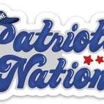 Sticker with 'Patriots Nation' text and a cap logo, featuring red and blue colors. Available at Be Charmed. 