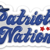 Sticker with 'Patriots Nation' text and a cap logo, featuring red and blue colors. Available at Be Charmed. 