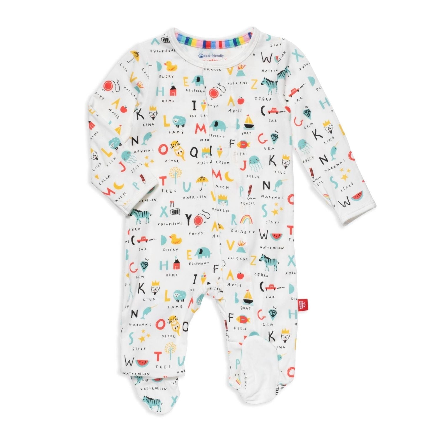 A gray Magnetic Me baby footie with a colorful alphabet pattern and magnetic closures. Available at Be Charmed