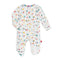 A gray Magnetic Me baby footie with a colorful alphabet pattern and magnetic closures. Available at Be Charmed