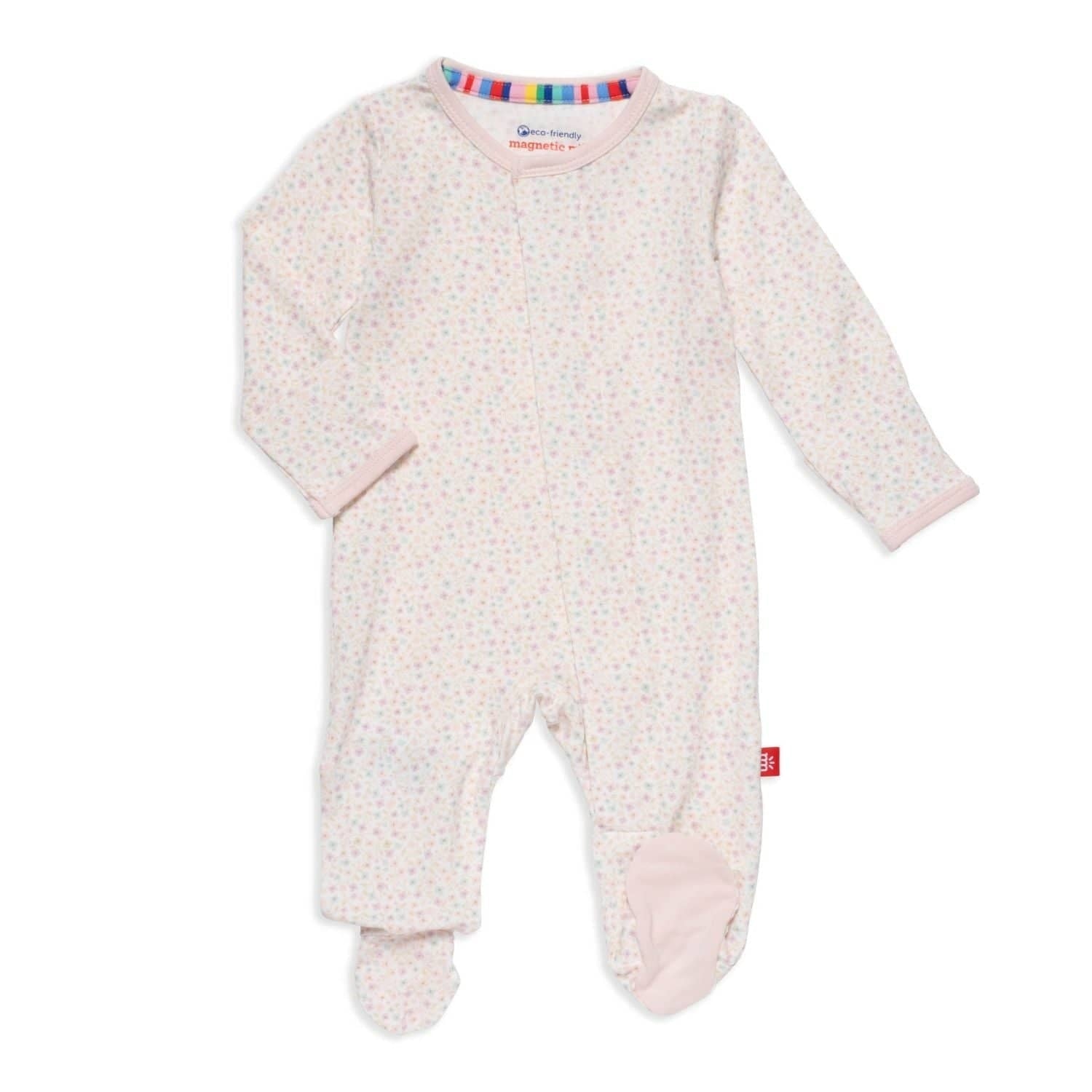 Magnetic Me Bedford Floral Modal Footie – Soft modal footie with floral print, featuring magnetic closures for easy dressing, available at Be Charmed.