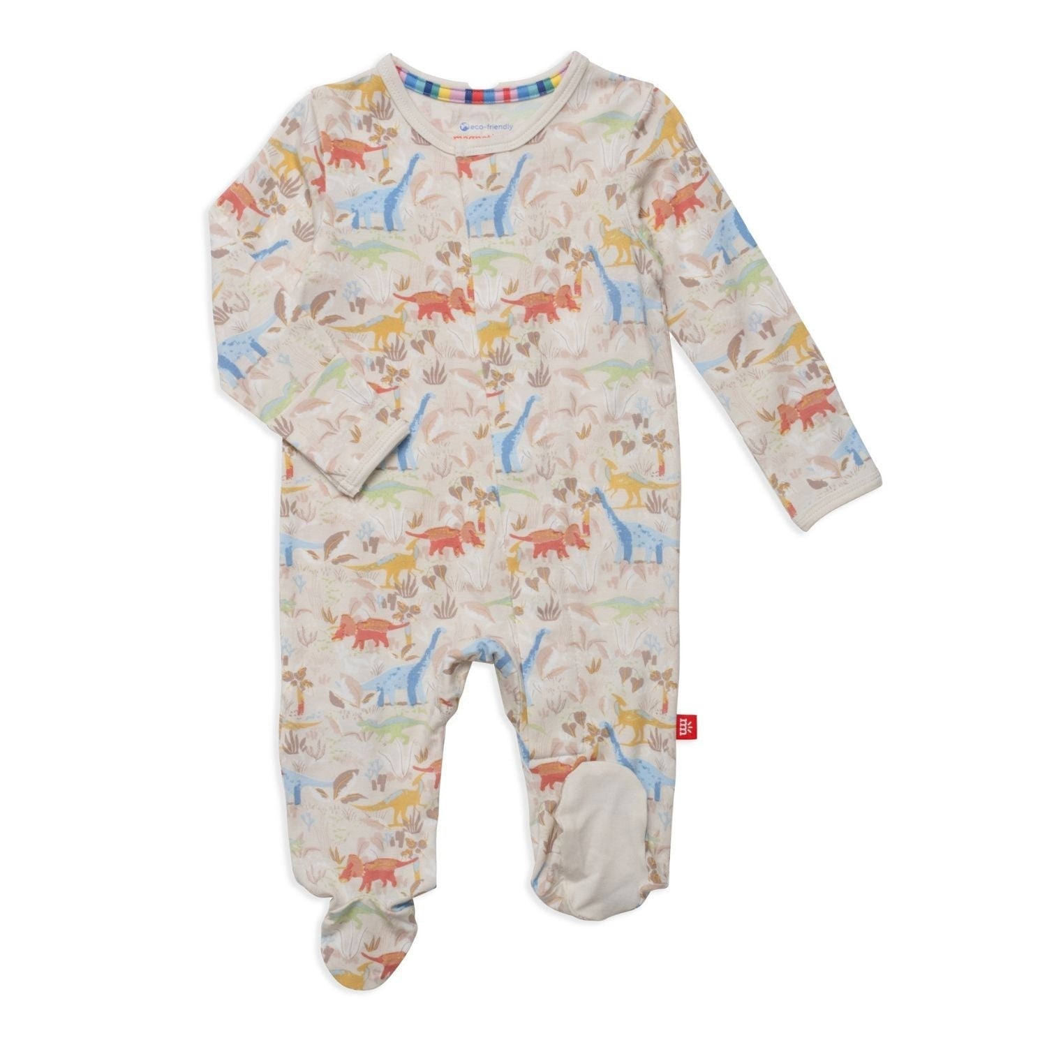 A baby Magnetic Me footie with a colorful animal pattern and magnetic closures, displayed on a plain background.