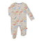 A baby Magnetic Me footie with a colorful animal pattern and magnetic closures, displayed on a plain background.