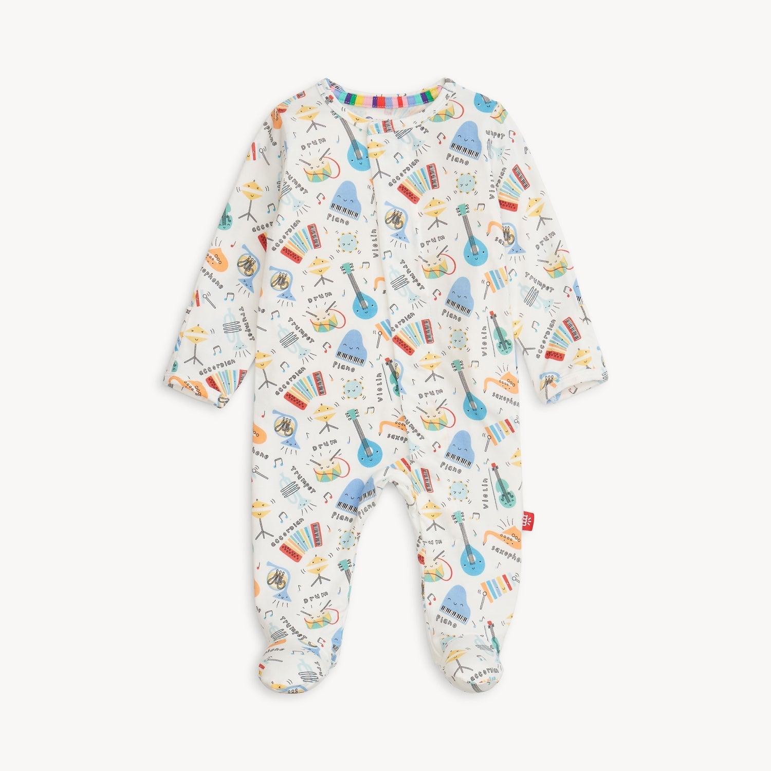 Magnetic Me Footie in Bach & Roll – ultra-soft baby footie with magnetic closures for easy changes, featuring a playful musical print, made with eco-friendly modal fabric, available at Be Charmed.