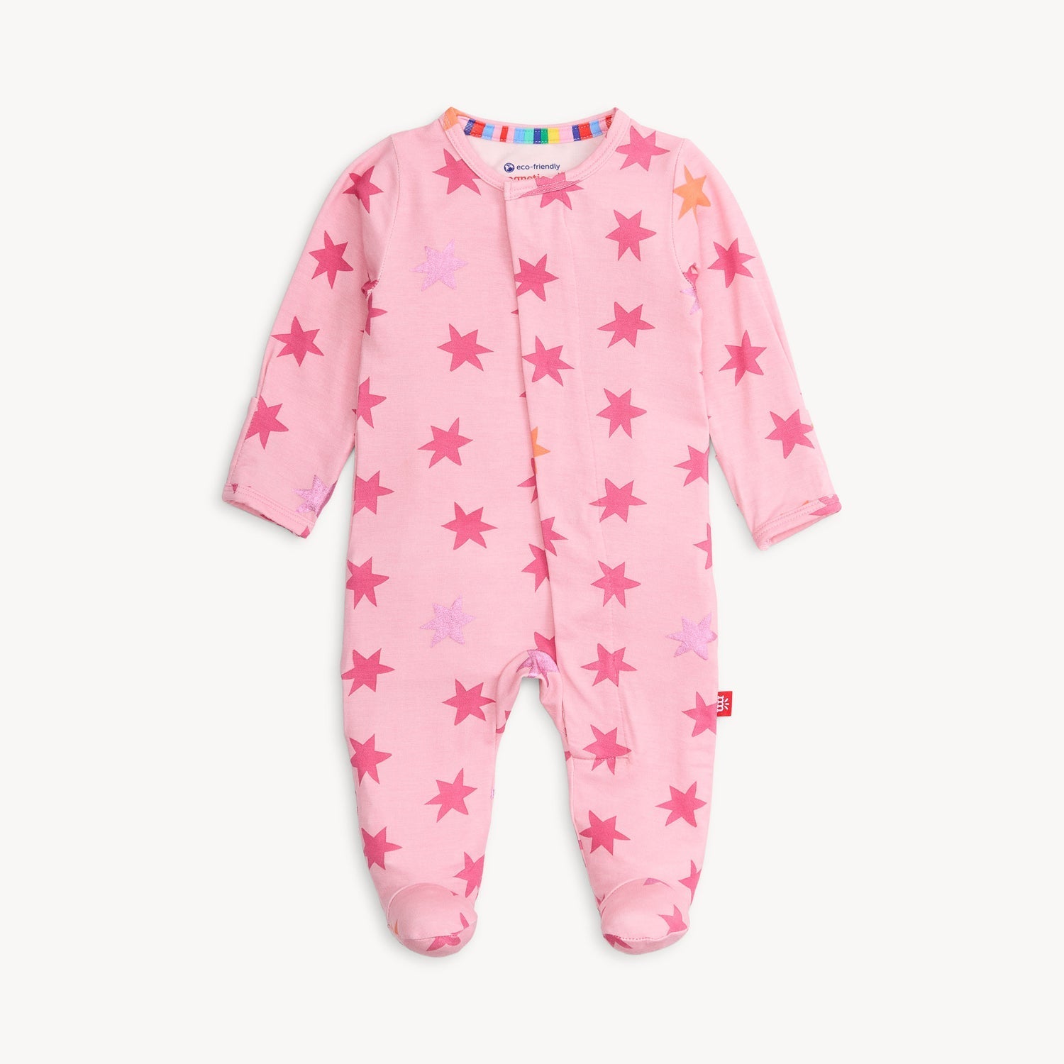 Magnetic Me Footie in Cosmic Confetti with Foil – ultra-soft modal baby footie with shimmery foil accents and magnetic closures for easy changes, perfect for stylish comfort, available at Be Charmed.