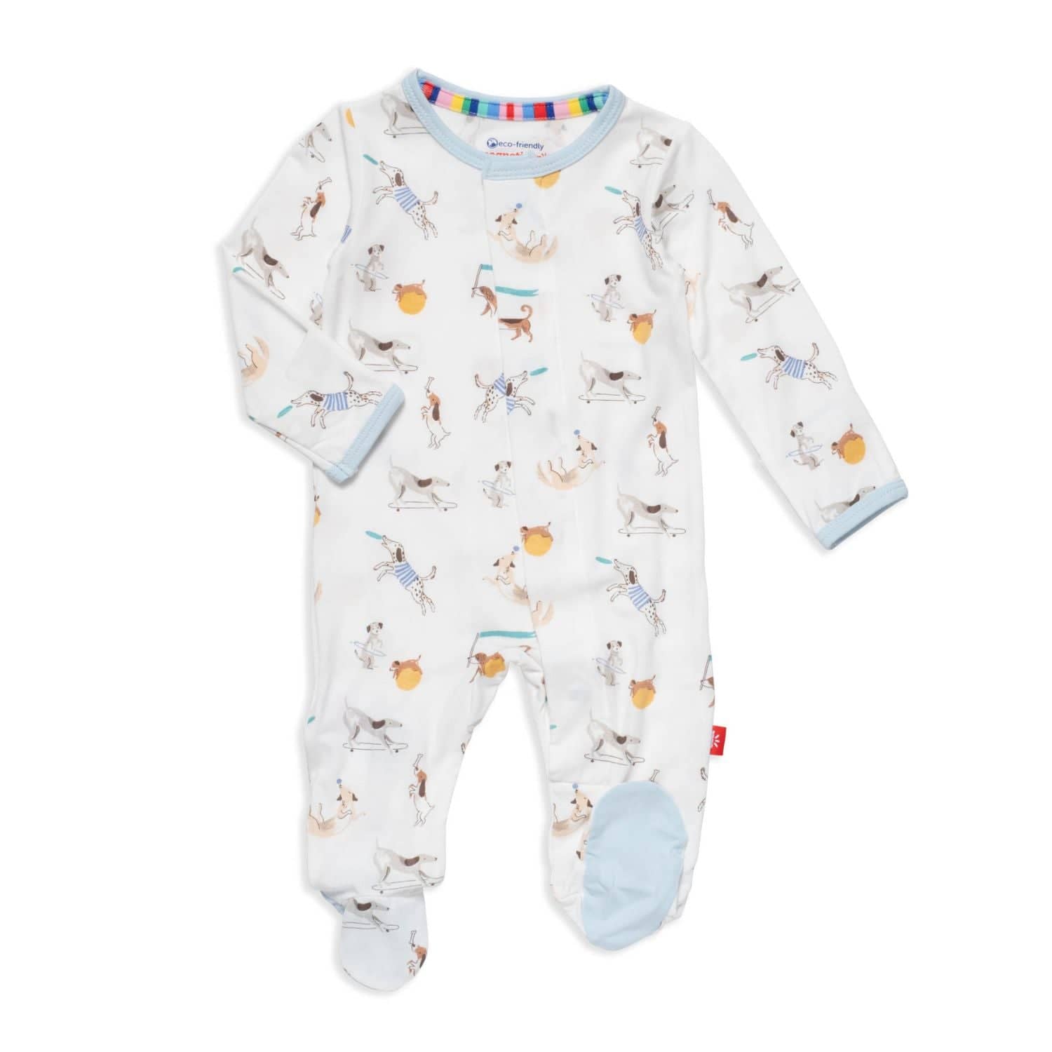 A long sleeve magnetic me baby footie with animal patterns, featuring magnetic closures at the legs and a label visible at the bottom. Available at Be Charmed