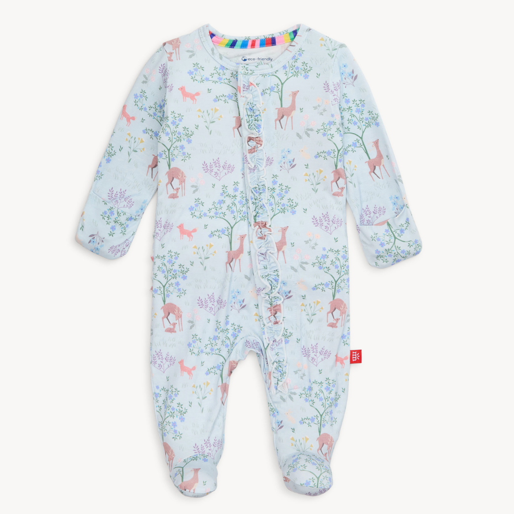 Magnetic Me baby footie in Love You Deerly print featuring woodland deer and hearts. Soft modal fabric with magnetic closures. Available at Be Charmed.