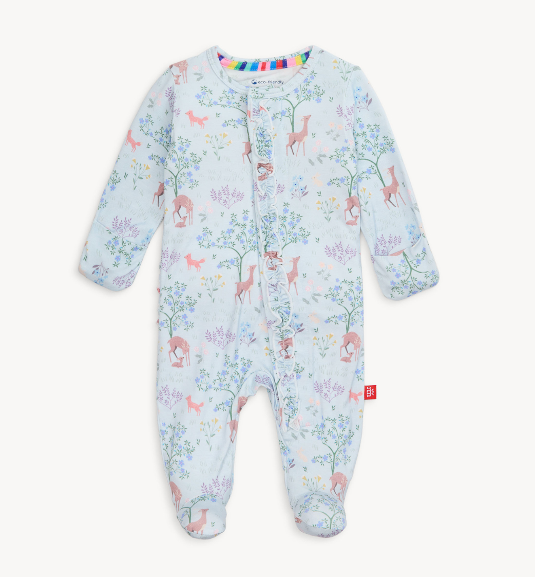 Magnetic Me baby footie in Love You Deerly print featuring woodland deer and hearts. Soft modal fabric with magnetic closures. Available at Be Charmed.