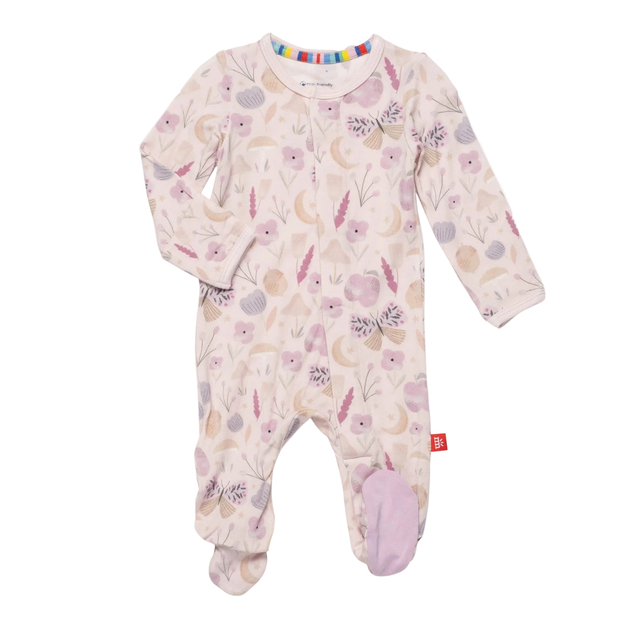A floral-patterned Magnetic Me baby footie with magnetic closures, displayed on a white background. Available at be Charmed