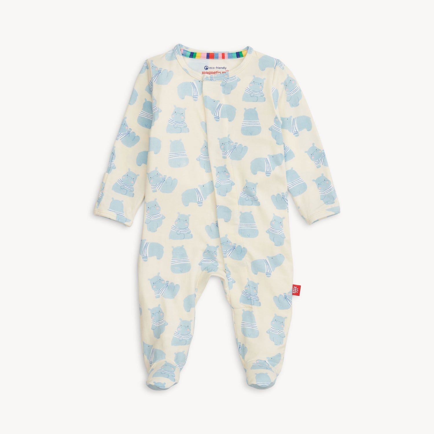 Magnetic Me Footie in Pudgemuffin – ultra-soft baby footie made from eco-friendly modal, features adorable all-over chubby animal print and magnetic closures for easy changes, available at Be Charmed.