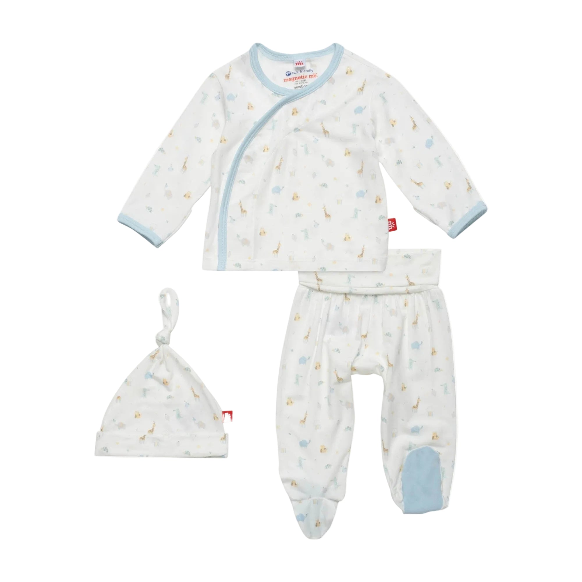 A Magnetic Me baby kimono set with a blue animal pattern, including a top with magnetic closures and a pair of matching pants and a cap. Available at Be Charmed