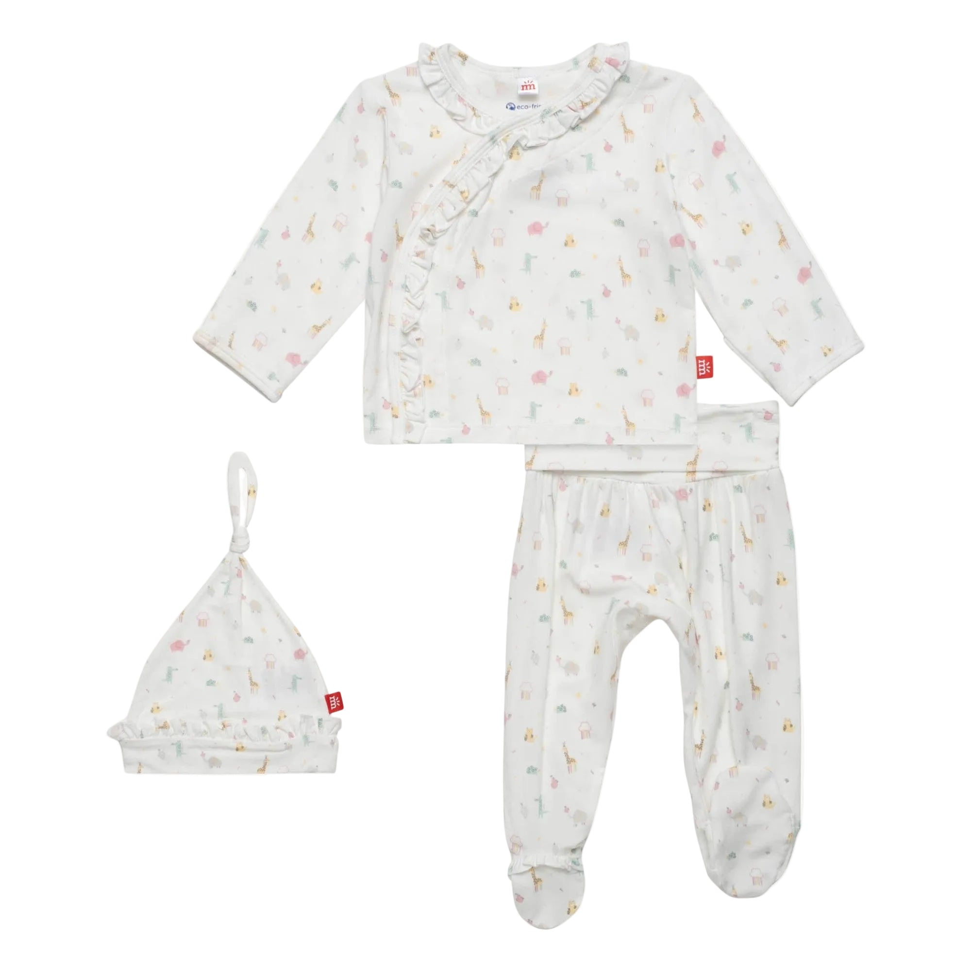 A pink floral-patterned little bitty kimono set for babies, including a kimono top and pants, with a matching hat. Available at Be Charmed