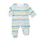 A baby Magnetic Me footie with multi-colored stripes and a brand tag visible on the lower side. Available at Be Charmed