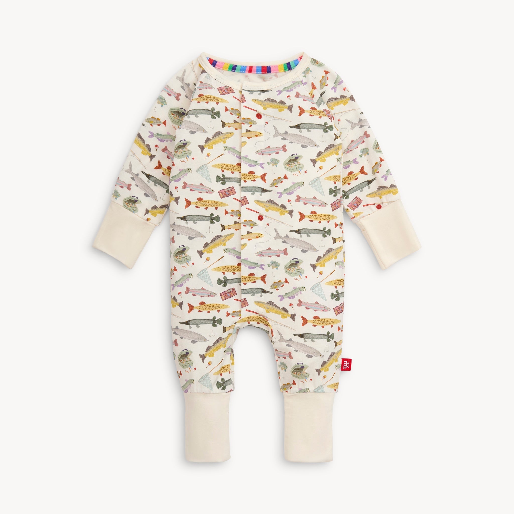 A baby magnetic me convertible coverall with a reel fish print, featuring long sleeves and foldover cuffs. Available at Be Charmed