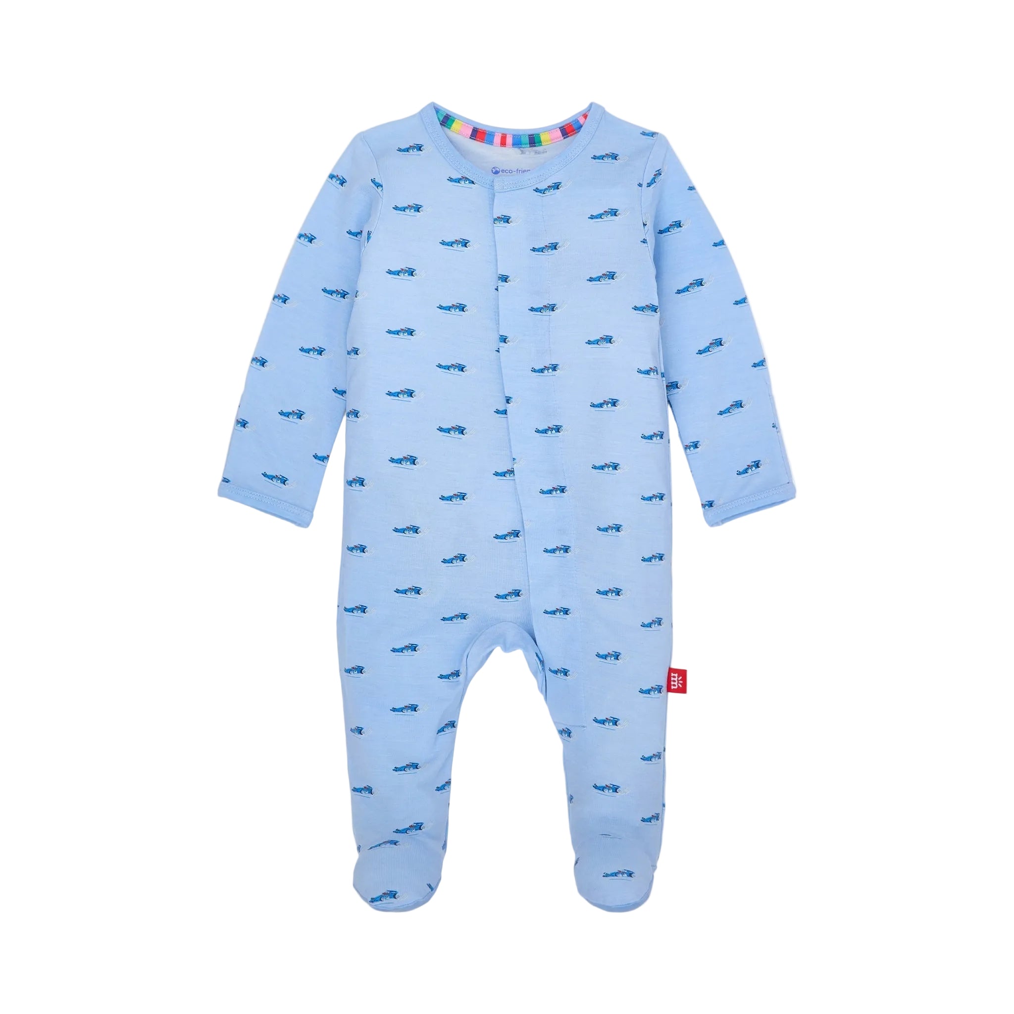 A blue long-sleeved Magnetic Me baby footie with a train pattern and magnetic snaps at the footie for easy dressing. Available at Be Charmed