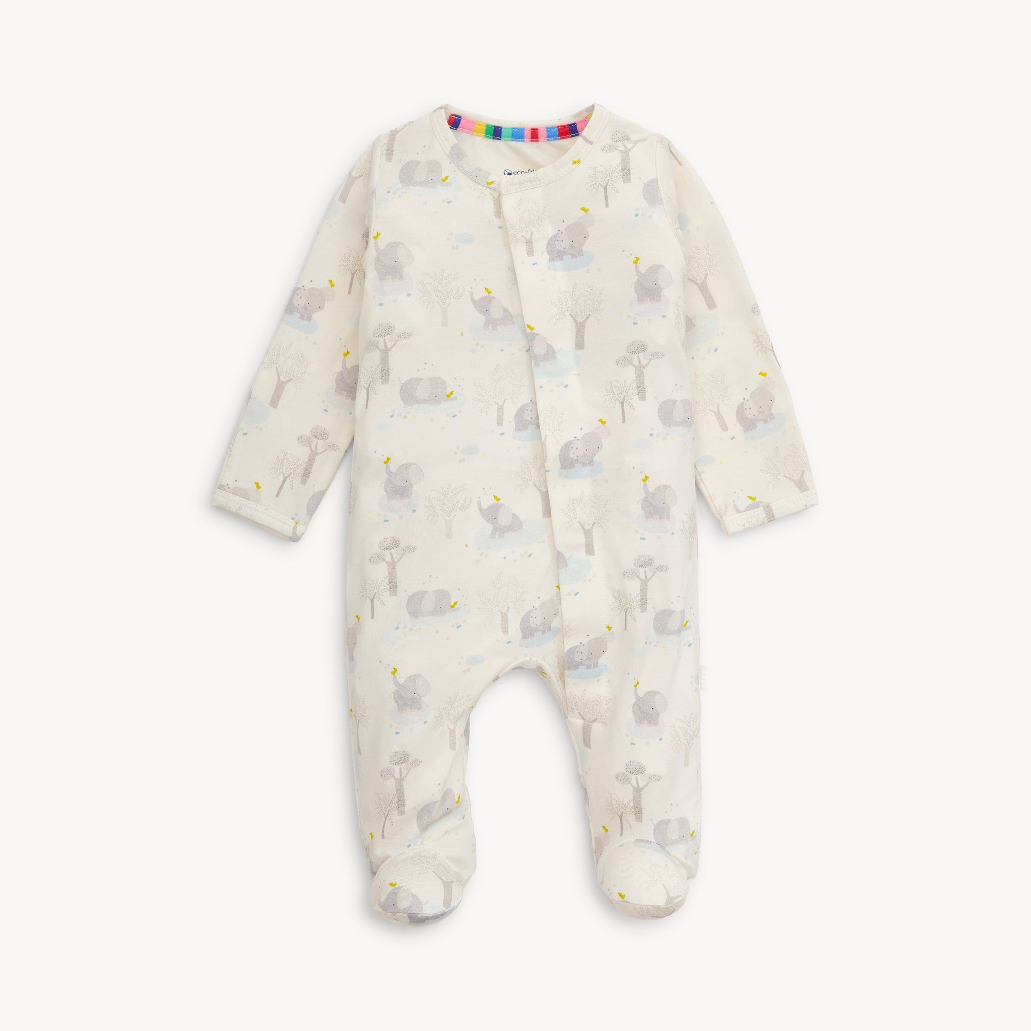 A beige Magnetic Me baby footie with a pattern of animals and magnetic closures at the neckline. Available at Be Charmed