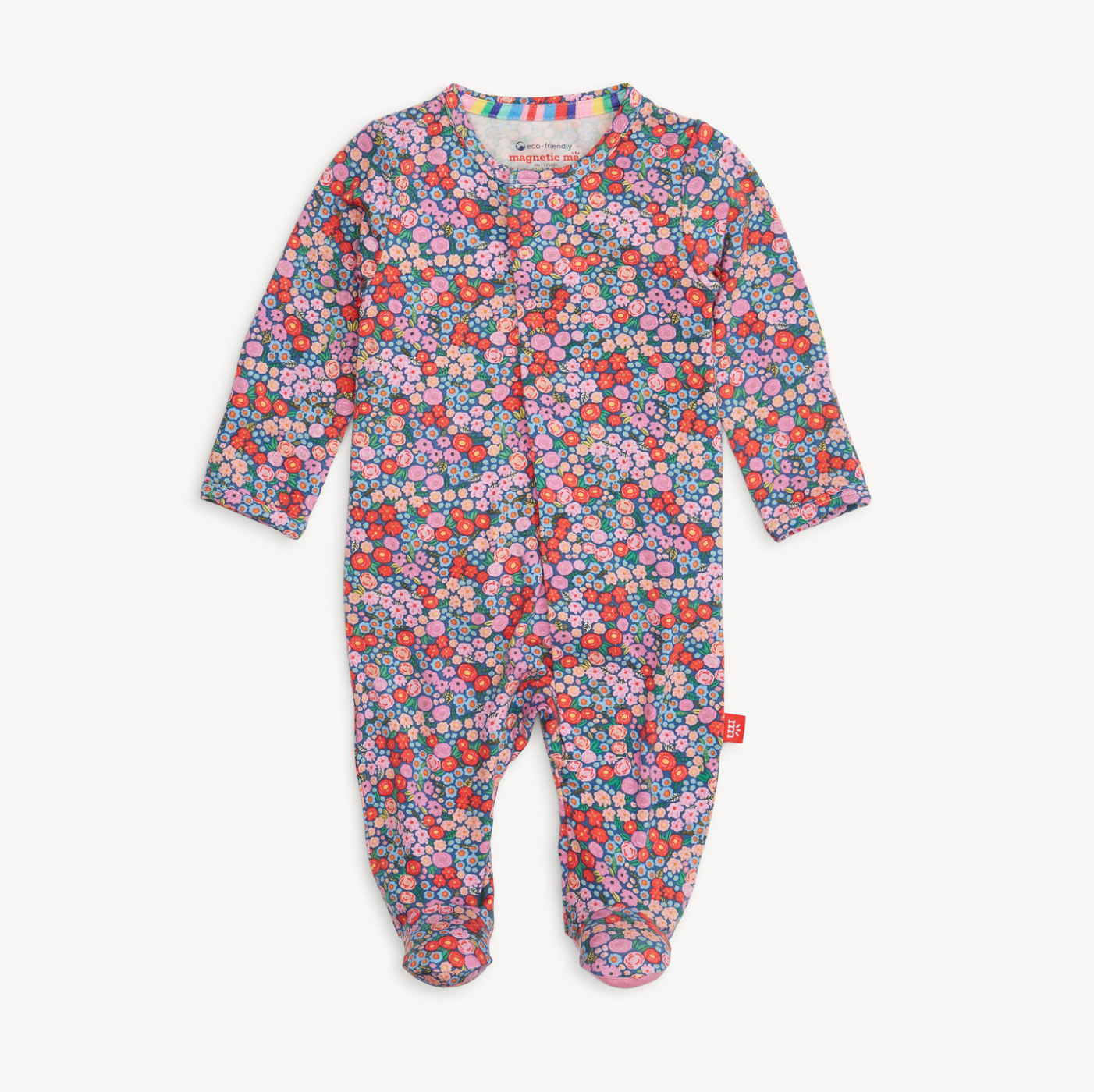 Magnetic Me Floral patterned baby footie on a white background. Available at Be Charmed