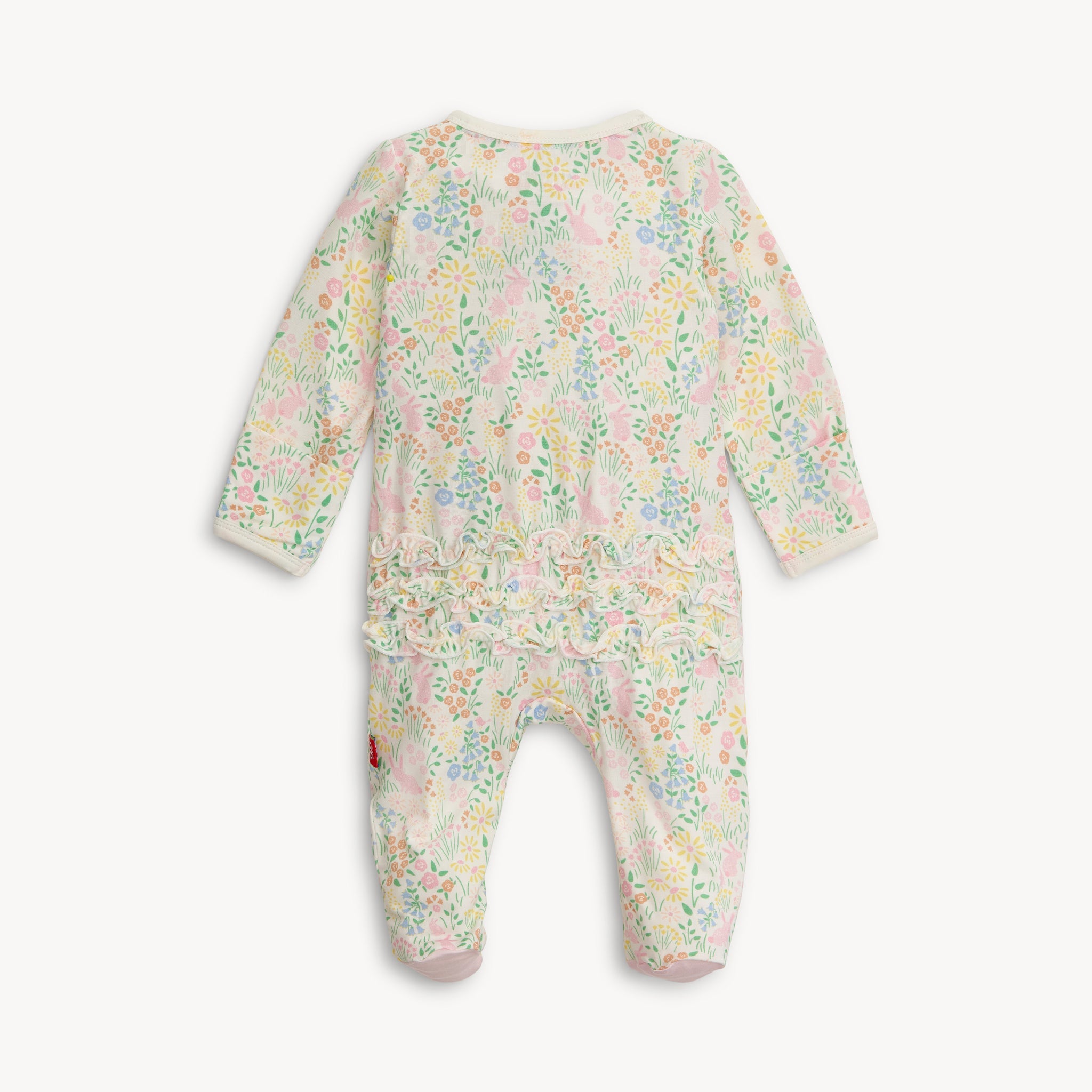 Back view of Magnetic Me modal footie with ruffle in Hoppy Garden print, available at Be Charmed.