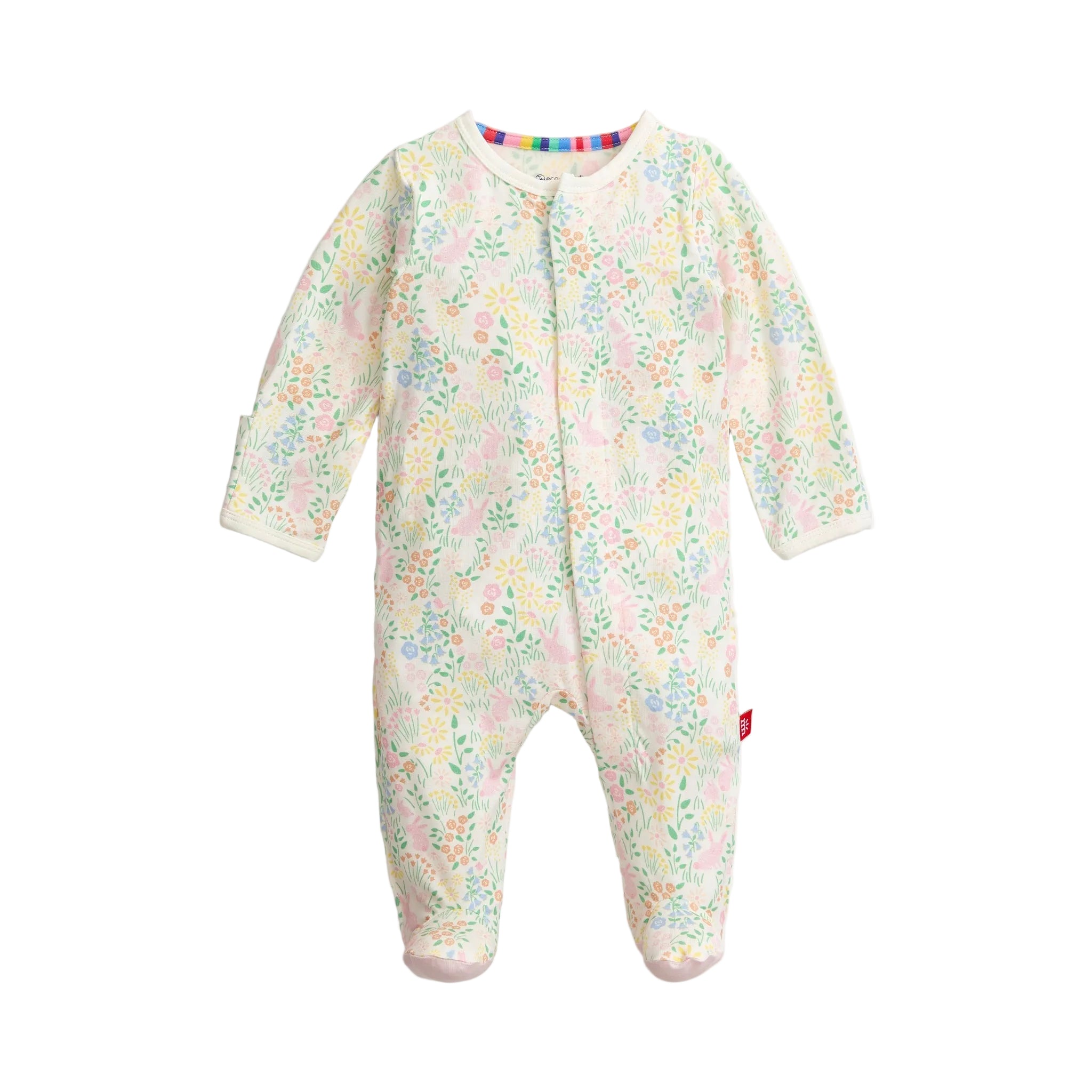 A Magnetic Me floral-patterned magnetic baby footie with a ruffle collar at the top. Available at Be Charmed