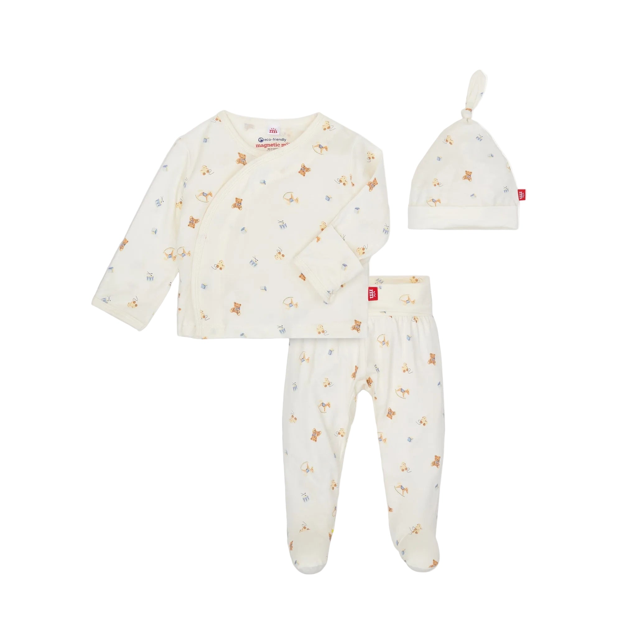 A set of baby clothing including a kimono-style long-sleeve top, footed pants, and a hat, all in a light color with a small floral pattern and footprints design. Available at Be Charmed