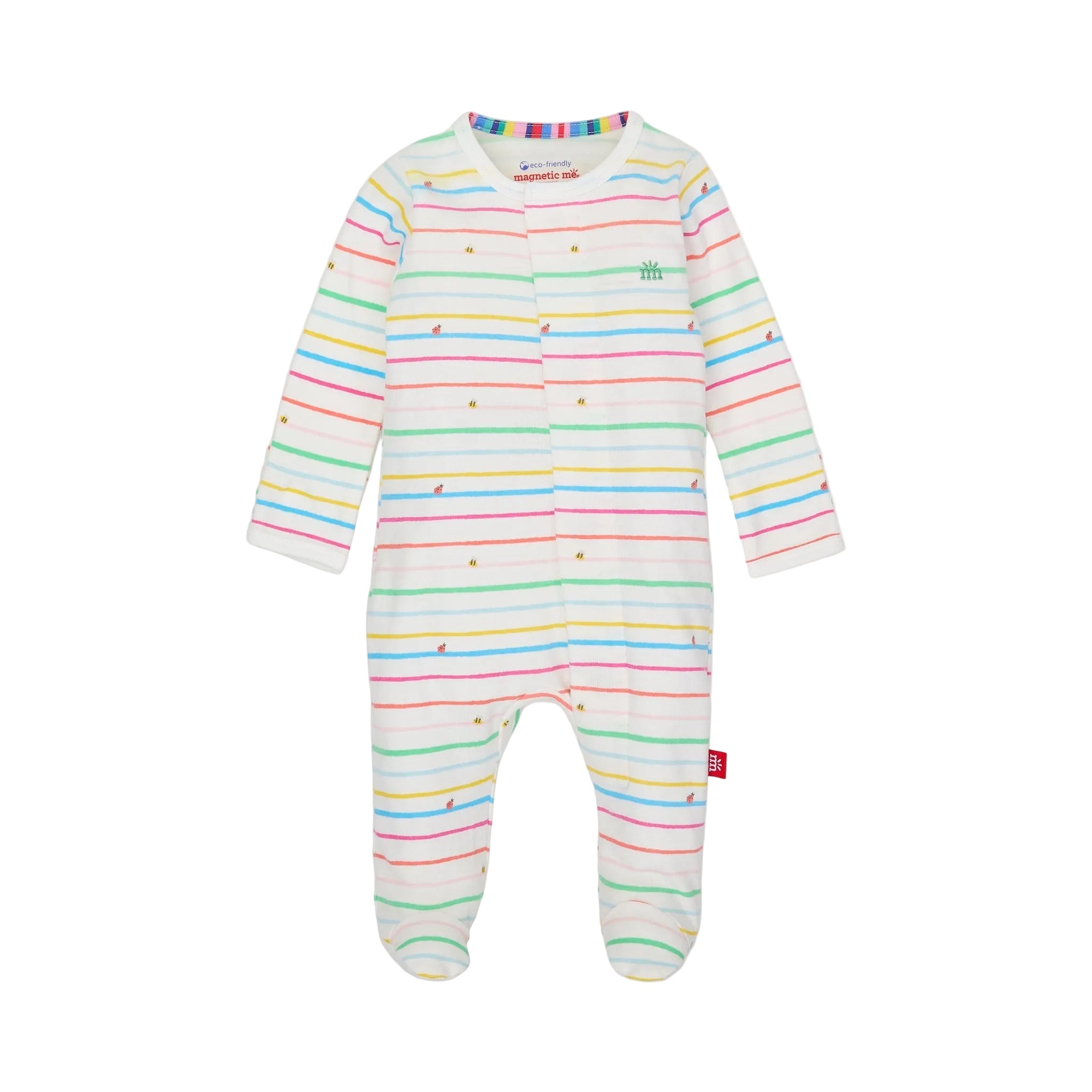 A multicolored striped Magnetic Me baby footie with magnetic closures and a small logo on the lower left. Available at Be Charmed