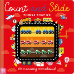 Children's book cover titled 'Count and Slide Things That Go' with illustrations of vehicles on a red background. Available at Be Charmed
