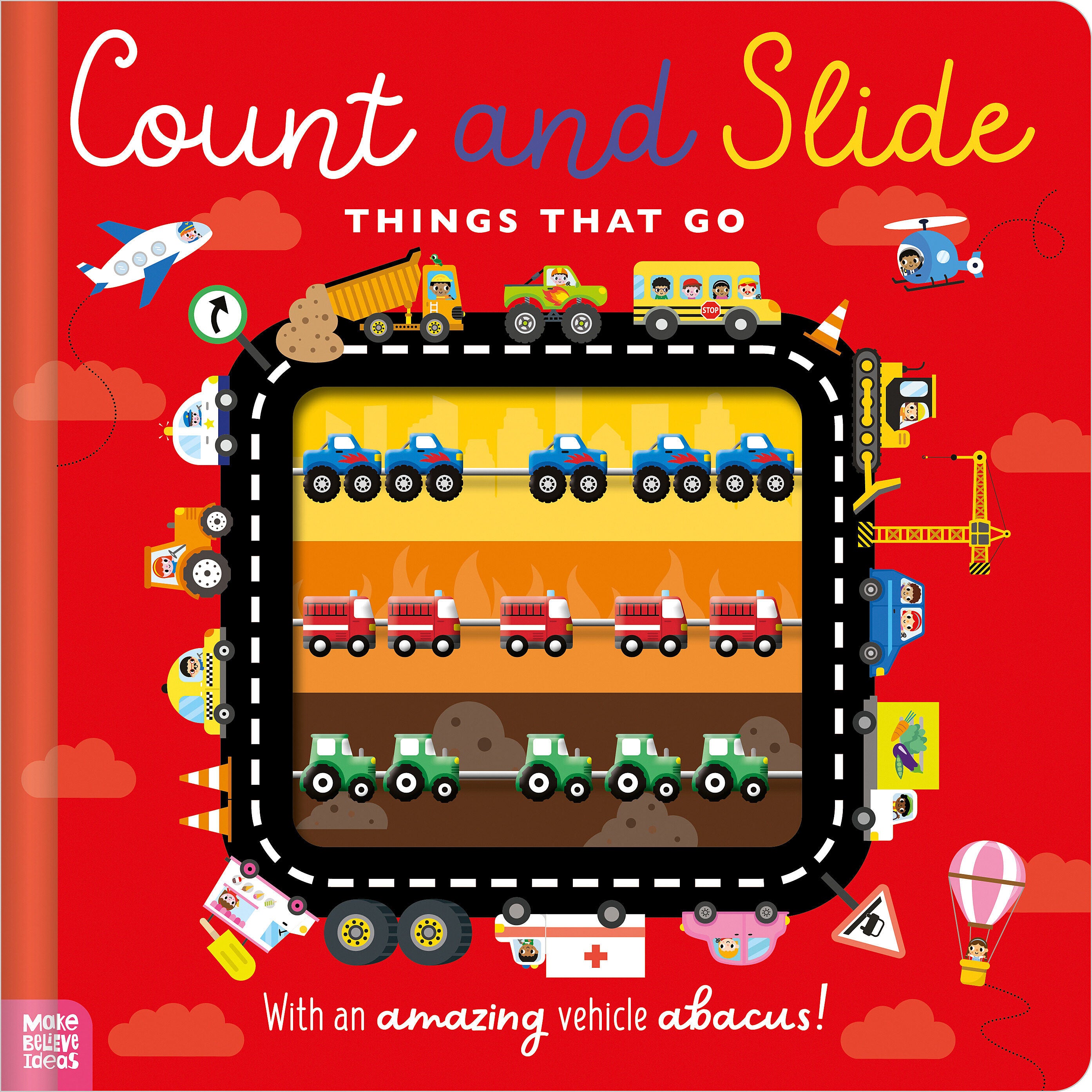 Children's book cover titled 'Count and Slide Things That Go' with illustrations of vehicles on a red background. Available at Be Charmed