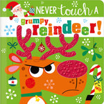 Book cover of 'Never Touch a Grumpy Reindeer!' with a grumpy reindeer illustration on a green background. Available at Be Charmed