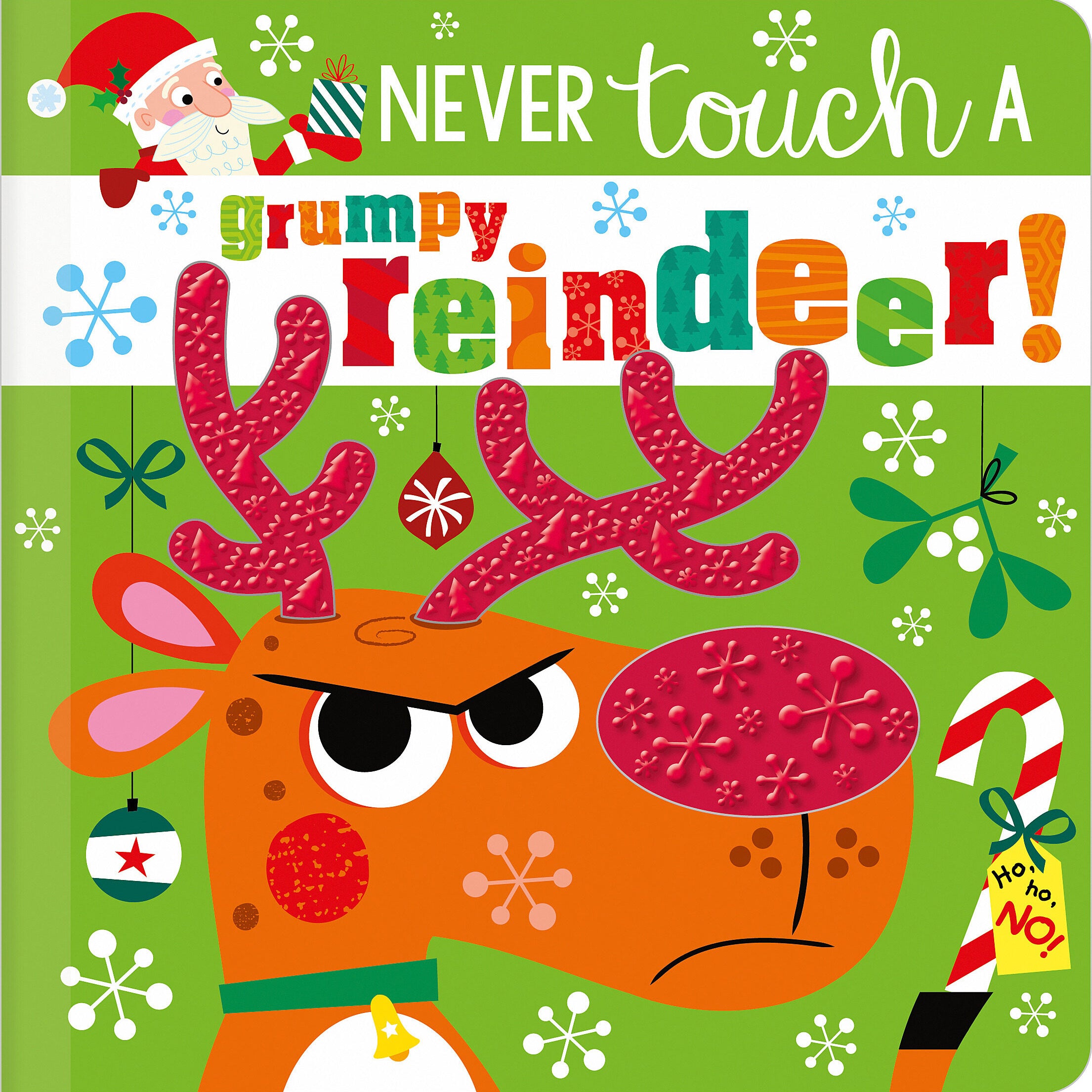 Book cover of 'Never Touch a Grumpy Reindeer!' with a grumpy reindeer illustration on a green background. Available at Be Charmed
