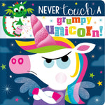 Children's book cover with a grumpy unicorn and a dragon, featuring colorful text. Available at Be Charmed