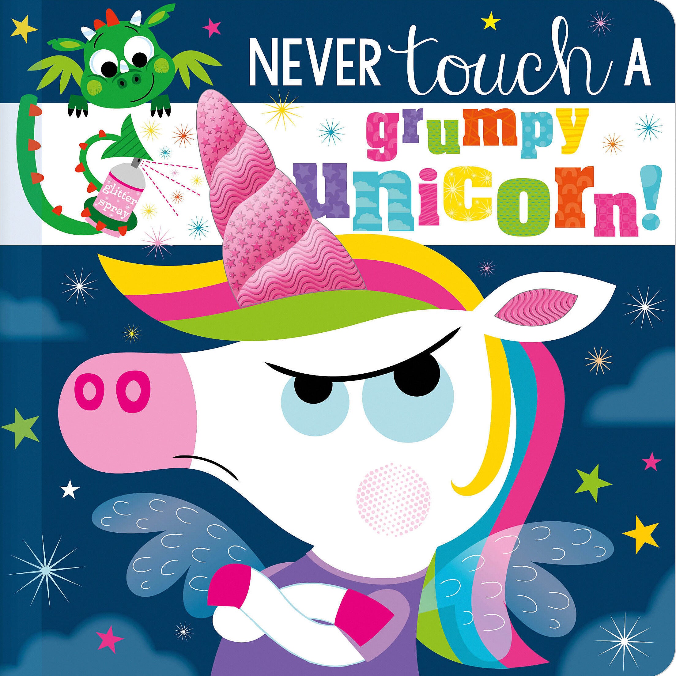 Children's book cover with a grumpy unicorn and a dragon, featuring colorful text. Available at Be Charmed