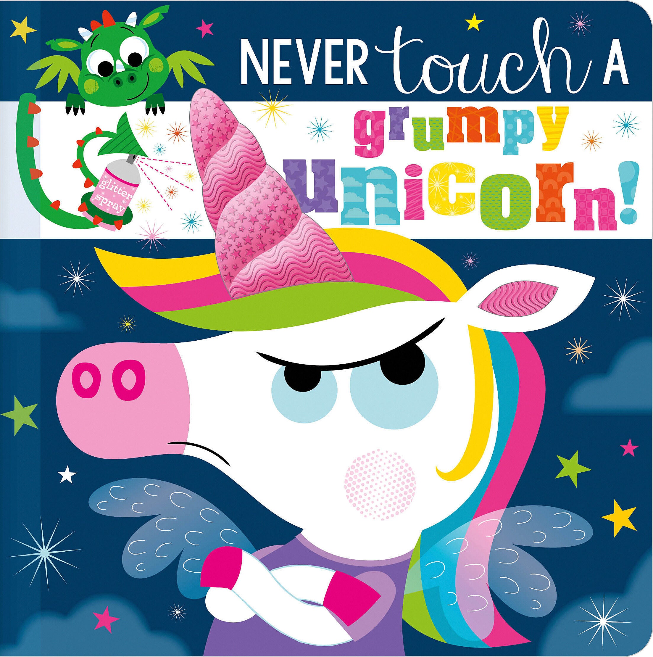Children's book cover with a grumpy unicorn and a dragon, featuring colorful text. Available at Be Charmed