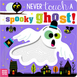 Book cover of 'Never Touch a Spooky Ghost!' with a ghost and Halloween elements on a purple background. Available at Be Charmed