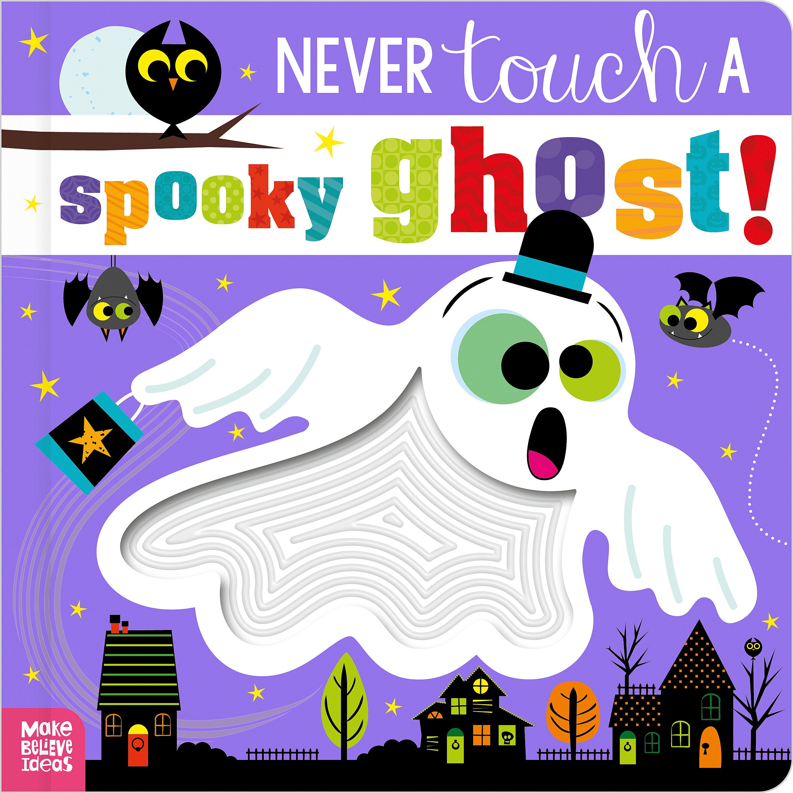 Book cover of 'Never Touch a Spooky Ghost!' with a ghost and Halloween elements on a purple background. Available at Be Charmed