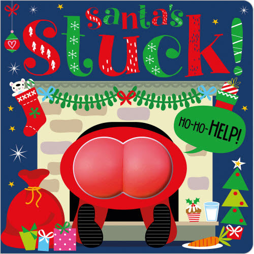 Illustration of Santa stuck in a chimney with Christmas elements around him. Available at Be Charmed