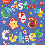 Book cover of 'Christmas Cuties' with colorful Christmas-themed illustrations on a blue background. Available at Be Charmed