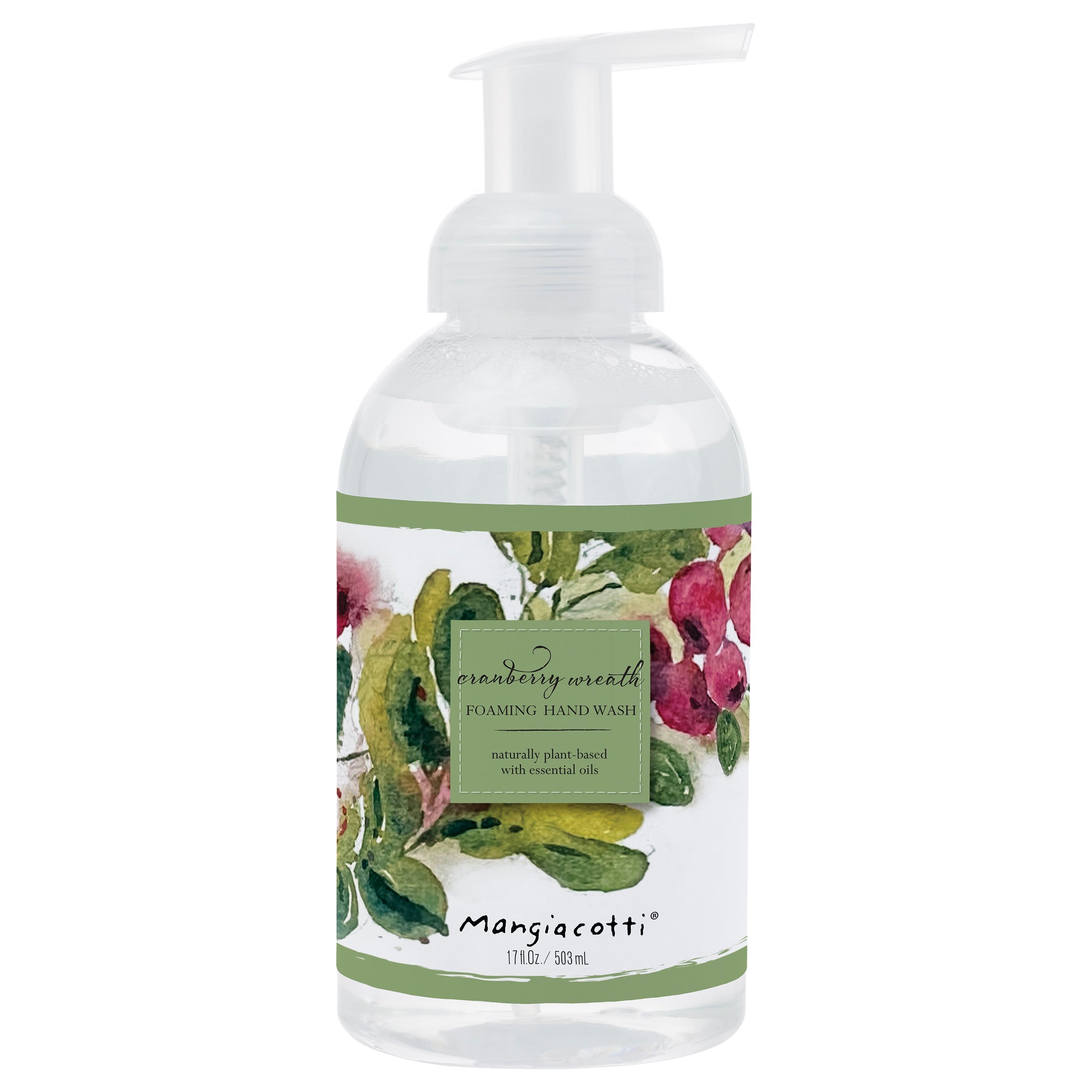Mangiacotti foaming hand wash bottle with floral design on a white background. Available at Be Charmed