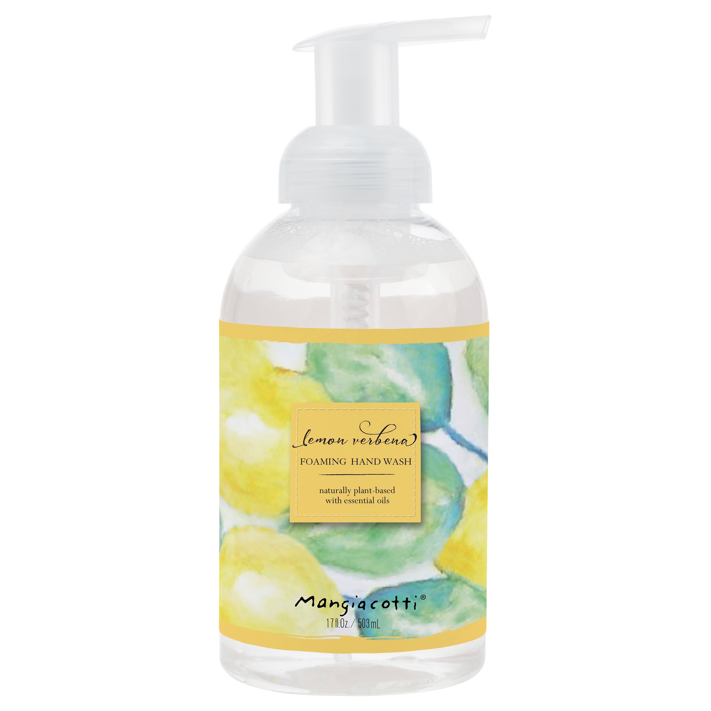 Foaming hand wash bottle with lemon verbena design and Mangiacotti branding on a white background. Available at Be Charmed