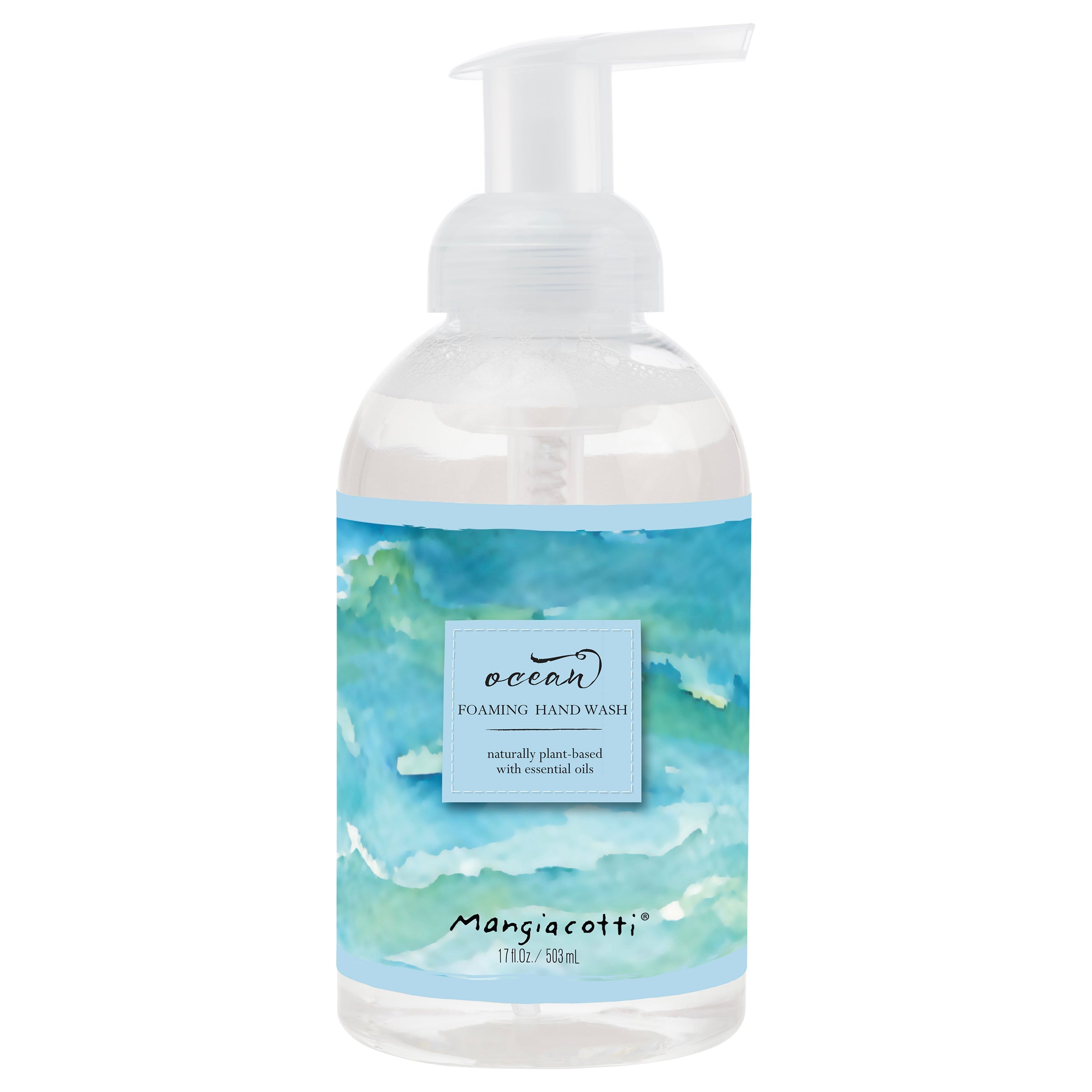 Foaming hand wash bottle with ocean-themed label on a white background. Available at Be Charmed