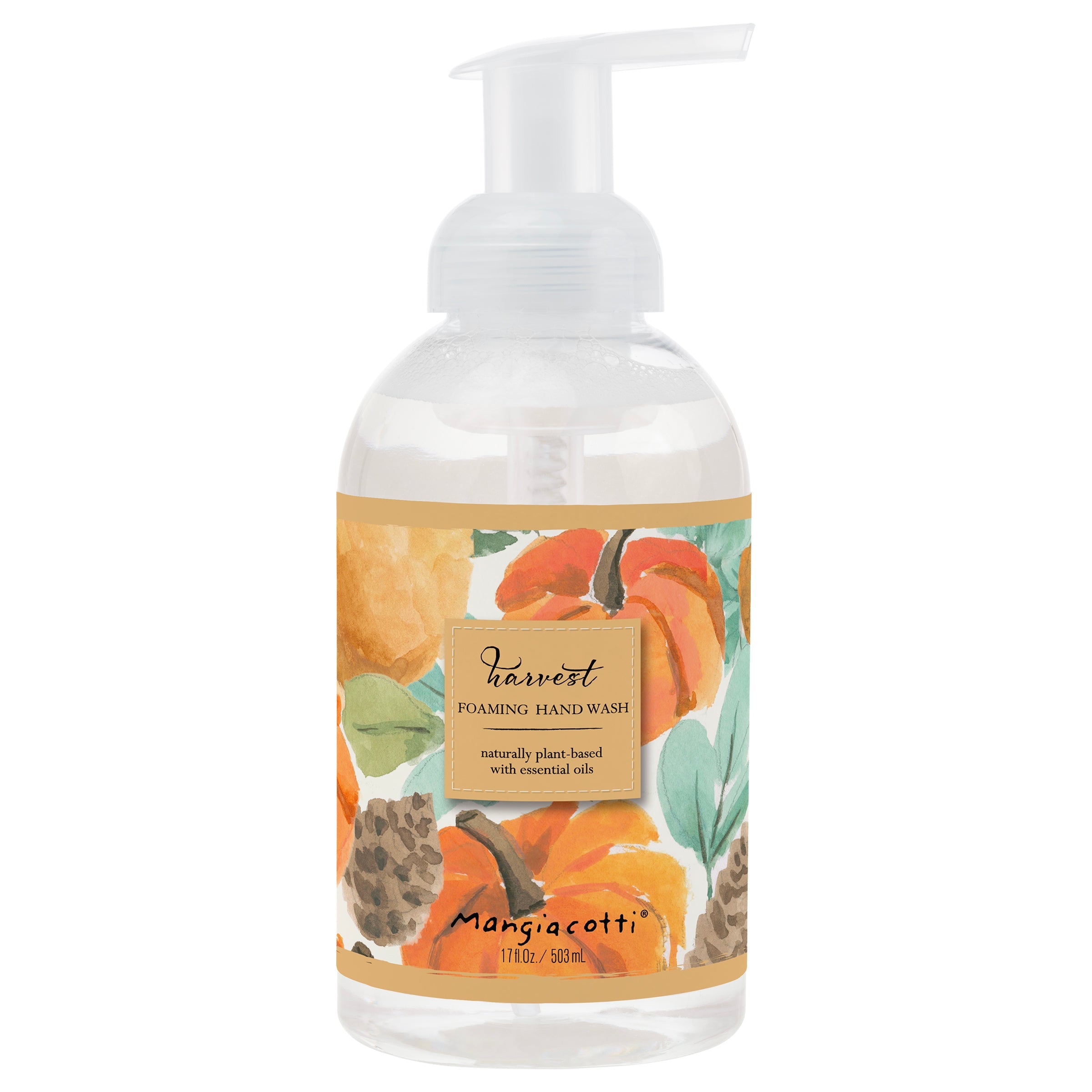 Foaming hand wash bottle with pump, featuring pumpkins and leaves on a label, on a white background.. Available at Be Charmed