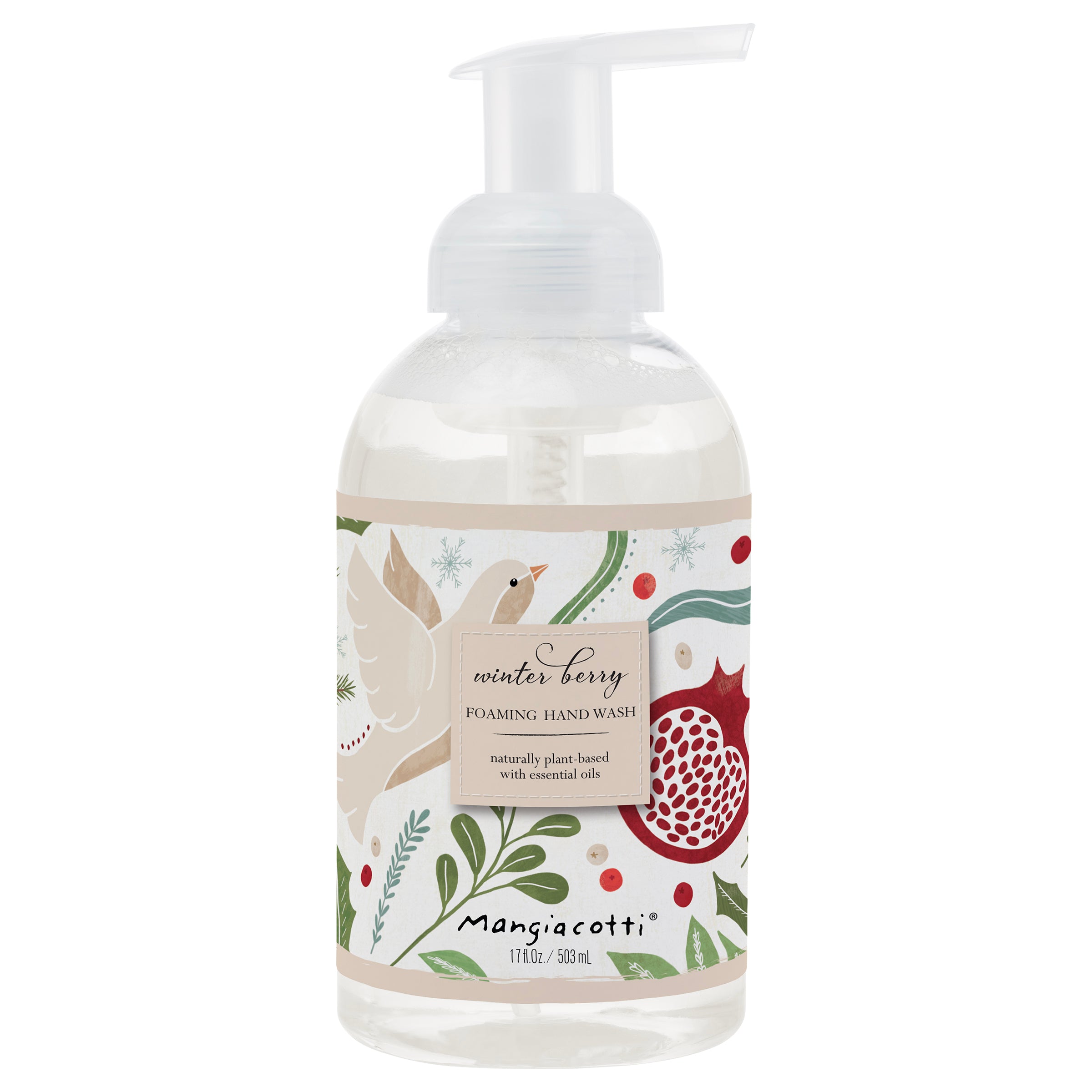 Foaming hand wash bottle with 'winter berry' design on a white background. Available at Be Charmed
